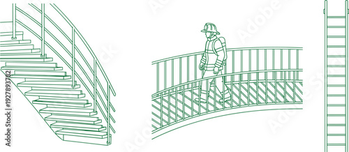 Green line art illustration of a firefighter walking on a curved industrial walkway with a spiral metal staircase and a vertical rescue ladder