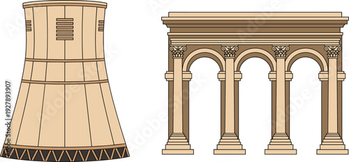 Industrial Nuclear Power Plant Cooling Tower and Classical Roman Greek Architecture Corinthian Column Archway Vector Illustration Set Isolated on White Background for Design