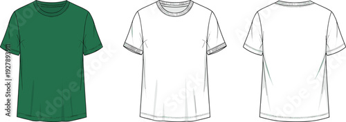 Women's fashion collection including crewneck t-shirts, tiered skirts, slip dresses, quarter zip pullovers, and cinched waist vest technical flat sketch, cad drawing flat vector illustration