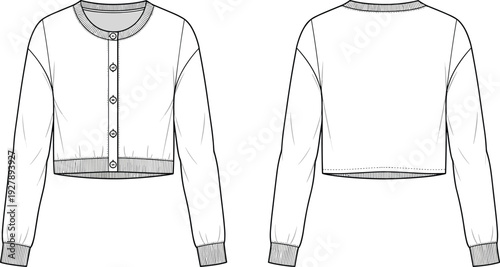 Women's button up cropped cardigan sweater technical flat sketch vector illustration, long sleeve knit top garment cad drawing fashion design template
