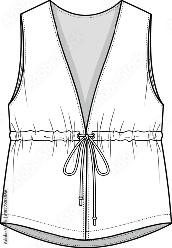 Fashion apparel collection featuring tiered maxi skirts, slip dresses, quarter zip pullovers, ruched long sleeve tops, and cinched waist vest, cad drawing flat vector illustration