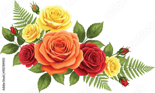Orange red yellow rose bouquet illustration, detailed floral design decorative flat vector
