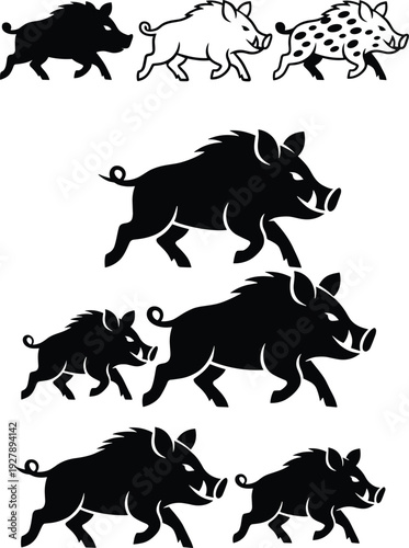 Wild boar silhouettes set showing running pigs and hogs, black vector animal illustrations isolated on white background for wildlife, farm, logo and graphic design use