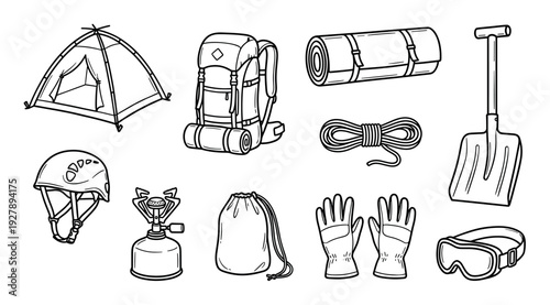 Hand-drawn set of camping equipment including a tent, backpack, sleeping mat, rope, and shovel, illustrated in a simple black and white line art doodle style