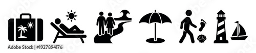 Black silhouette summer vacation and travel icons set featuring a suitcase, sunbather, couple, beach umbrella, lighthouse, and sailboat representing a seaside holiday