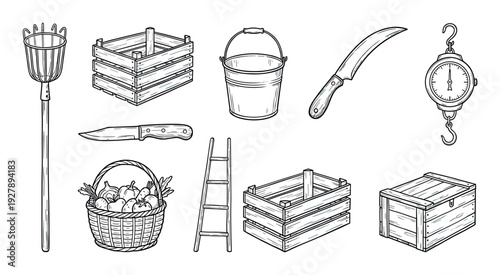 Collection of hand-drawn farming and gardening tools in a vintage sketch style, including a fruit picker, wooden crates, a basket of vegetables, knives, and a scale