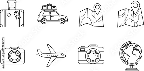 Collection of travel icons including suitcase, car, maps, airplane, camera, and globe