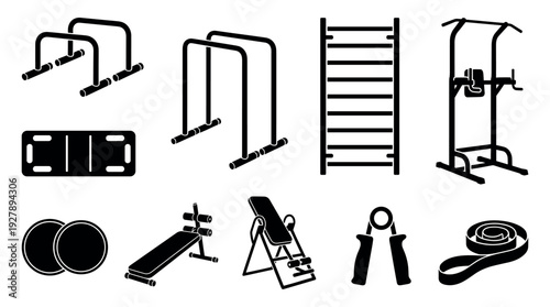 Set of black gym equipment icons for fitness and workout training, including parallel bars, a power tower, and a sit-up bench, presented in a simple silhouette style