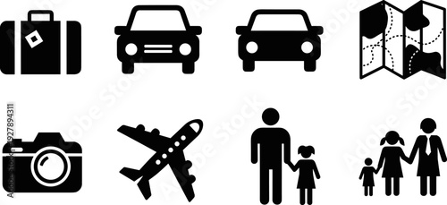 Collection of travel and transportation icons including suitcase, cars, airplane, map, camera, and family figures