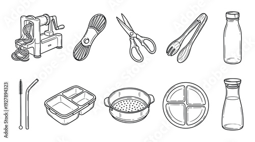 Collection of hand-drawn kitchen utensils and eco-friendly items in a simple line art style, including a spiralizer, bento box, steamer, and reusable straw