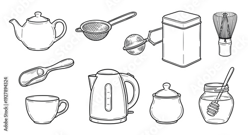 Hand-drawn tea making accessories and equipment set featuring a teapot, kettle, cup, honey jar, and matcha whisk in a black and white line art illustration style
