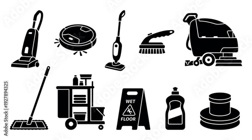 Set of black janitorial service icons featuring a vacuum cleaner, mop, floor scrubber, cleaning cart, and wet floor sign in a simple, bold glyph illustration style