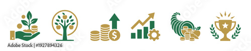 Set of green and gold financial icons symbolizing investment, wealth, growth, and success, featuring a money tree, profit chart, cornucopia, and trophy for business concepts