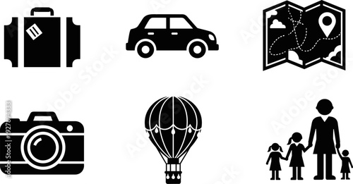 Collection of travel and leisure icons including a suitcase, car, map, camera, hot air balloon, and family