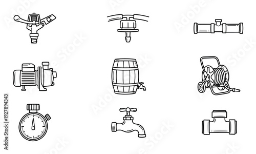 Set of hand-drawn watering system icons including a sprinkler, pump, hose reel, barrel, timer, faucet, and pipe fittings in a simple black and white line art doodle style