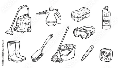 Set of hand-drawn cleaning supplies and equipment including a vacuum cleaner, mop, bucket, sponge, and bleach in a black and white line art doodle style illustration