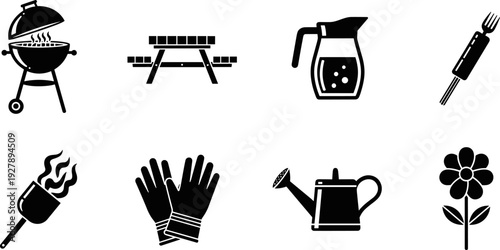 Collection of outdoor leisure and gardening icons including a grill, picnic table, and watering can