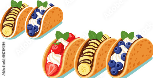 Five sweet dessert tacos with crispy shells, whipped cream, fresh fruit, and chocolate drizzle, isolated on white background