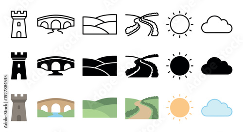 Versatile set of landscape and nature icons including a castle tower, bridge, hills, wall, sun, and cloud presented in outline, silhouette, and flat color variations