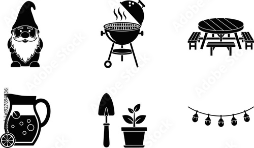 Collection of outdoor leisure and garden icons including a gnome, grill, and picnic table