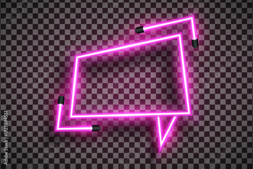 Empty neon comic speech bubble in realistic pink led neon tube frame style isolated on transparent background. Light effect photo frame. Detailed vector illustration