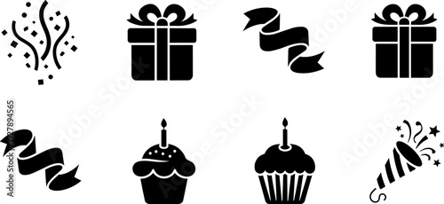 Collection of black birthday celebration icons including gifts, cupcakes, confetti, and party poppers