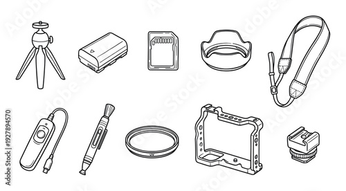Collection of camera photography accessories illustrated in a minimalist black line art style, featuring a tripod, battery, memory card, lens hood, strap, and cage