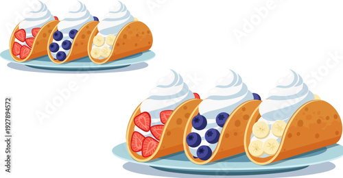 Two sets of three dessert tacos filled with strawberries, blueberries, and bananas, topped with white whipped cream, served on light blue plates, isolated on white background