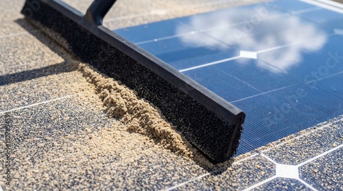 Cleaning a heavily soiled solar panel with a specialized brush to remove accumulated dust and debris