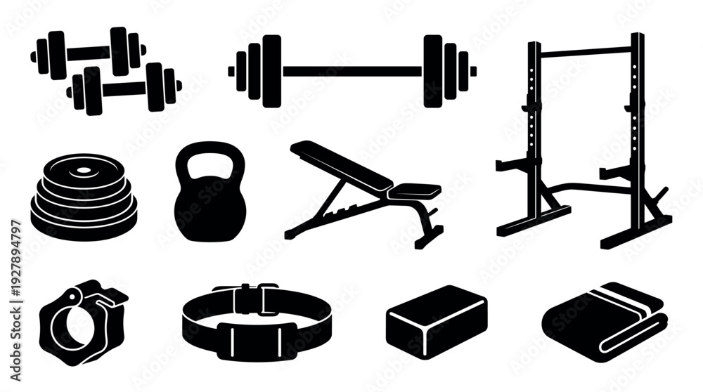 Obraz premium Black silhouette icons of gym equipment for weightlifting, featuring a barbell, dumbbells, squat rack, kettlebell, workout bench, weight plates, belt, and other accessories