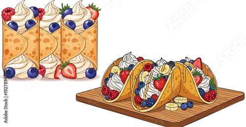 Three dessert tacos filled with whipped cream, strawberries, blueberries, raspberries, and banana slices on a wooden board, with three dessert crepes in the background
