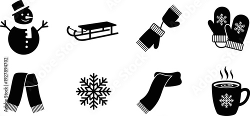 Collection of winter icons: snowman, sled, gloves, mittens, scarf, snowflake, and hot drink