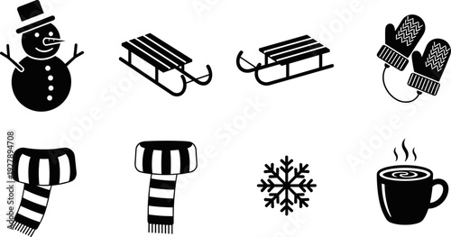 Collection of winter icons including snowman, sleds, mittens, scarf, snowflake, and hot drink