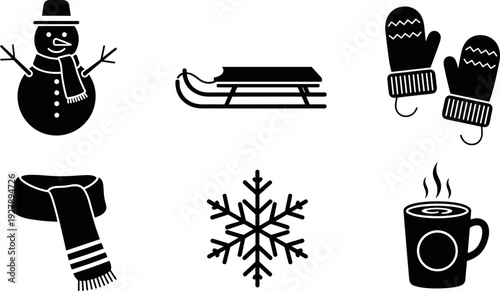 Collection of winter icons including snowman, sled, mittens, scarf, snowflake, and hot drink