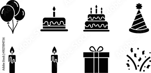 Collection of black birthday celebration icons including cakes, balloons, candles, and gifts