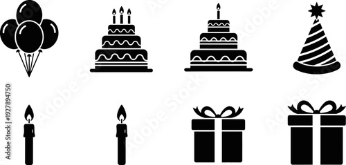 Collection of black birthday celebration icons including cakes, balloons, gifts, and party hats