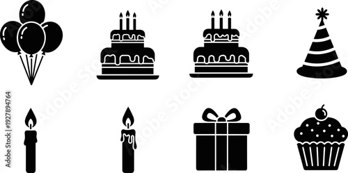 Collection of black birthday celebration icons including balloons, cakes, candles, gift, and party hat