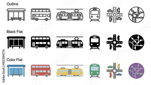 Set of public transportation icons showing a bus stop, double-decker bus, tram, train, and road intersection in outline, black flat, and color flat styles for graphic design