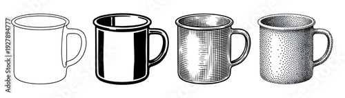 Set of four metal mugs illustrated in various graphic styles including line art, high contrast, engraving crosshatch, and stippling dot work for a retro look