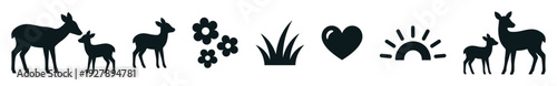 Set of black nature-themed icons featuring a deer family, flowers, grass, a heart, and a sun, presented in a minimalist flat vector style for graphic design