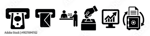 Set of black finance and banking icons representing transactions like ATM withdrawal, deposit, teller service, donation, online trading, and secure document storage