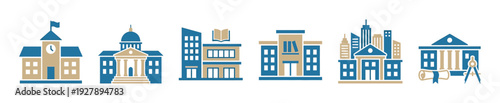 Blue and beige educational and government building icons representing school, university, library, and courthouse institutions in a modern flat vector graphic design style