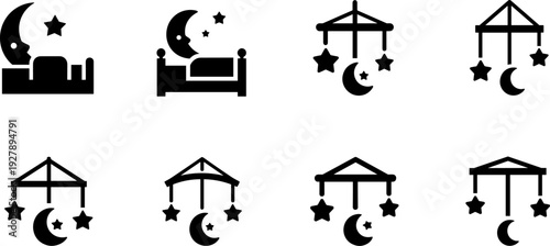 Collection of sleep and baby mobile icons with moon and stars