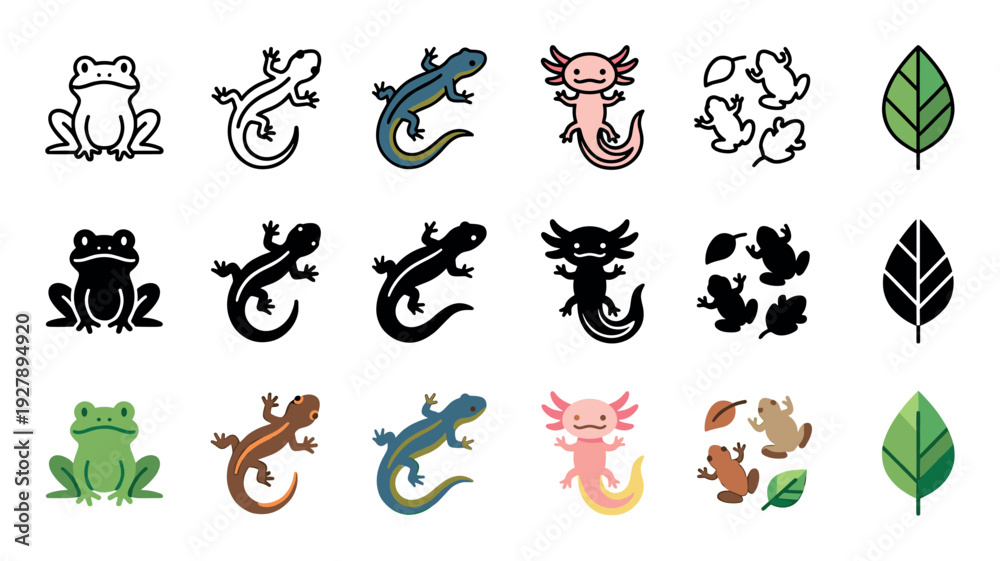 Obraz premium Collection of amphibian and reptile icons featuring a frog, lizard, salamander, and axolotl in various styles including line art, silhouette, and flat color vector illustrations