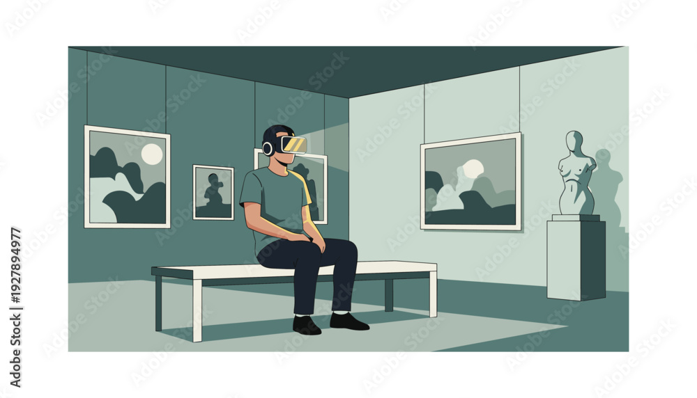 Fototapeta premium Man wearing VR headset in modern art gallery with sculptures and paintings