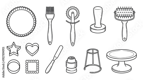 Set of baking and pastry supplies drawn in a clean black outline doodle style, featuring various cutters, a brush, a dough docker, a tamper, and a cake stand