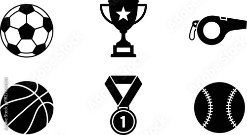 Collection of black sports icons including soccer ball, trophy, whistle, basketball, medal, and baseball