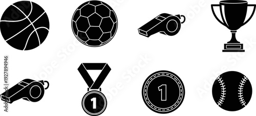Collection of sports icons including balls, whistles, medals, and a trophy