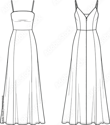 Women's fashion collection featuring tiered maxi skirts, slip dresses, cycling shorts, oversized \sketch vector illustration, cad drawing
