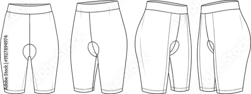 Fashion apparel collection including tiered maxi skirts, belted wrap skirts, oversized sweatshirt, polo shirt, and cycling shorts technical flat sketch, cad drawing flat vector illustration